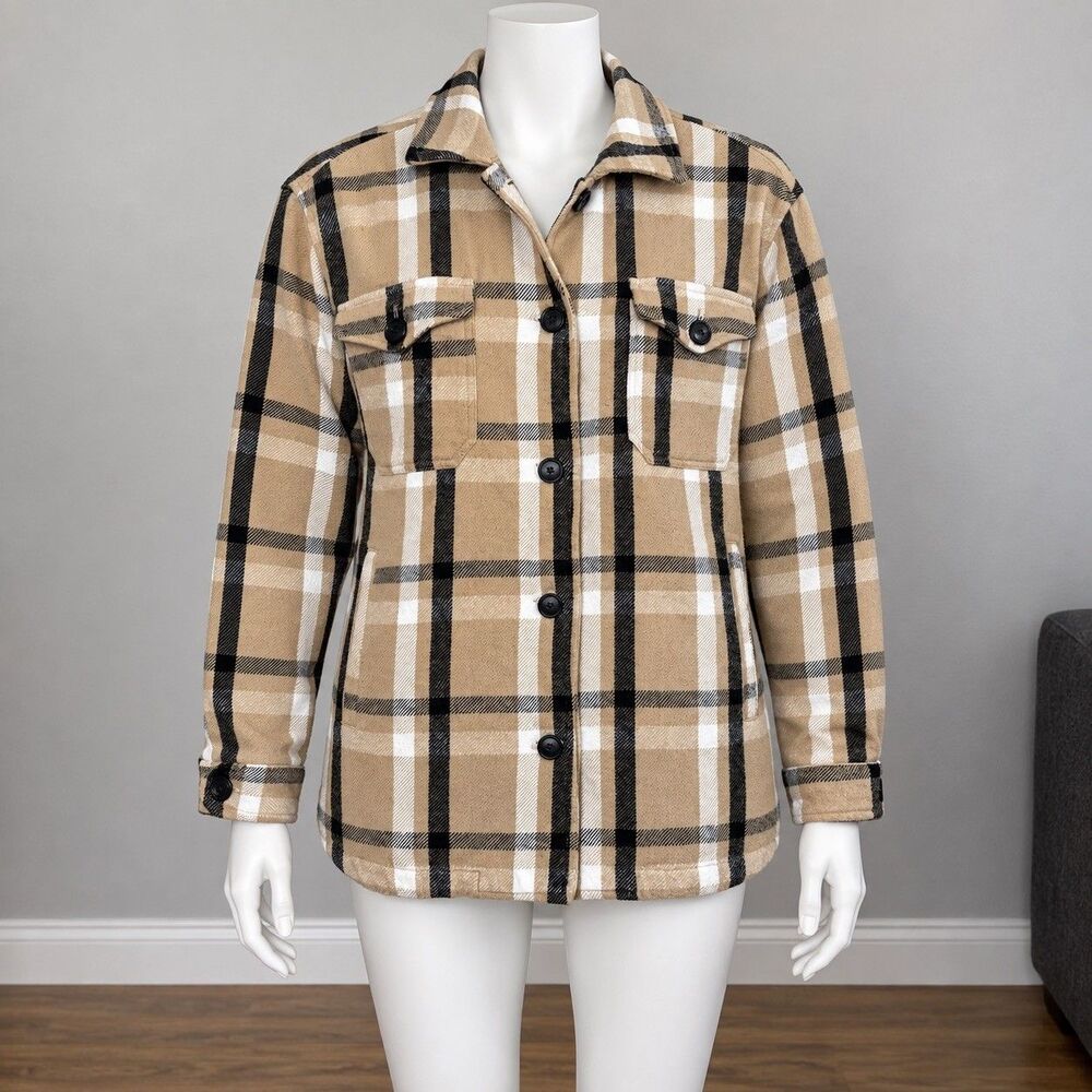Lucky Brand Womens Plaid Shacket S Tan Black Oversized Flannel Shirt Jacket